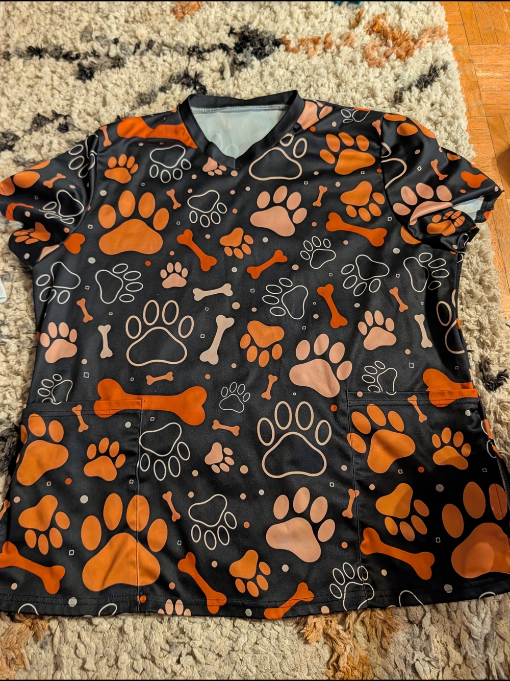 Black Paw & Bone Print Dog Grooming Scrub Top - Orange and Pink XXL